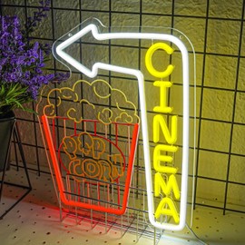 Astuddy Cinema Neon Sign with Popcorn Bucket – LED Movie Theater Wall Sign for Home Theater, Bar, Game Room – Retro Movie Night Neon Light, Wall Decor for Film Lovers, Man Cave