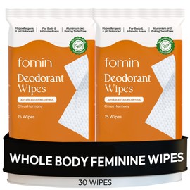 FOMIN Acidified Deodorant Wipes For Women - 30 Count - Citrus Harmony – Hypoallergenic, pH Balanced Whole Body Wipe - Plastic-Free, Exfoliating & Advanced Odor Control Underarm Body Wipes