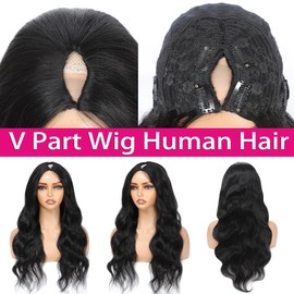 V Part Wig Human Hair Body Wave Upgrade U Part Human Hair Wig With Clips Glueless Wigs Human Hair Beginner Friendly V Shape Clip In Half Wigs for Women No Leave Out 180% Density 22 Inch