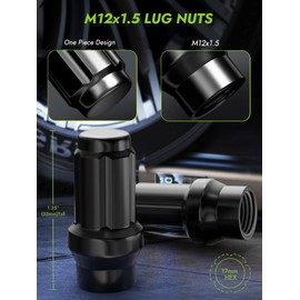 M12x1.5 Extended Lug Nuts - Replacement for Aftermarket Wheel 17 mm Hex 1.57" (40 mm) Length 0.79" (20 mm) Width Black 24PCS 6 Spline Closed End Bulge Acorn Nut, with 1 Socket Key