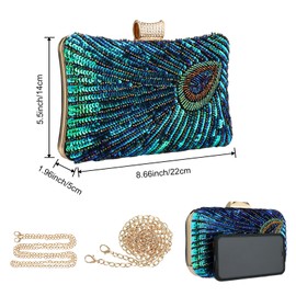 Peacock Evening Bags Clutch Purse for Women Bead Sequins Vintage Purses Crossbody Handbags with Detachable Chains(Green3)