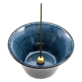 Asayu Japanese Incense Holder for Sticks 4.1 inch (105mm), Traditional Made in Japan Ceramic Ash Catcher and Brass Incense Burner Set - Black and Blue Cone