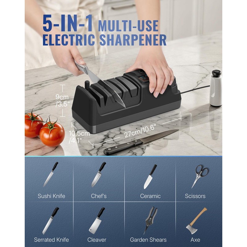 WILAWELS Electric Knife Sharpener, 5-in-1, 3 Rotational Speed Adjustable Electric