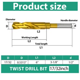 17/32 Inch Reduced Shank Drill Bit, HSS 4341 with Titanium Coating, 3-Flat Shank Design and 118° Drill Tip, for Metal, Iron, Steel, Wood and Plastic Drilling (17/32" x 6" Reduced Shank)