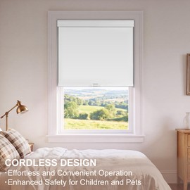 BERISSA Cordless Blackout Roller Shades for Indoor Windows with Light Blocking Strips,Free-Stop Pull Down Shades,Thermal Insulated UV Protection Roller Blinds for Home Office (White,70" W x 72" H)