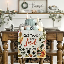 Artoid Mode Give Thanks to The Lord for He is Good Leaves Thanksgiving Table Runner, Fall Harvest Holiday Kitchen Dining Table Decoration for Indoor Outdoor Home Party Decor 13 x 36 Inch