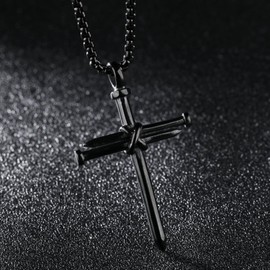 LineAve Men's Stainless Steel Nail Rope Cross Pendant Necklace, Black-Color, 3d0015
