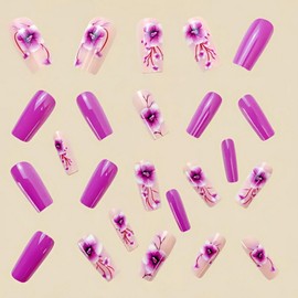 24Pcs Purple Coffin Press on Nails Long Fake Nails Glue-Free False Nails Kit Spring Summer Flower Nail Art Design Acrylic Nails Press ons Glossy Full Cover Stick on Nails for Women Artificial Nails