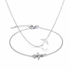 SODLYUE Airplane Necklace Bracelet Set - Valentines Day gifts, Aircraft Jewelry Gifts for Flight Attendants, Plane Necklace for Women Lady, Adjustable 17"+2" Chain