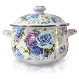 OIIKQDML Enamel Stockpot with Lid, 4.6 Quart Retro Cooking Pot, Vintage Floral Bean Stew Soup Pot, Ceramic Cookware for Kitchen Stove