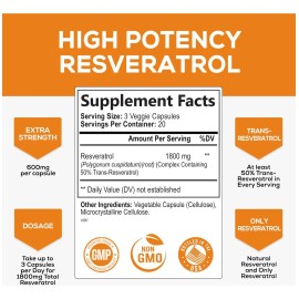 Resveratrol Complex 1800 Con 60 Cápsulas Veganas Hecho Usa