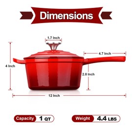 HaSteeL 1 QT Cast Iron Saucepan, Mini Enamel dutch oven with lid, Small Non Stick Pan for Milk, Pasta Tomato Sauce, Butter, Breakfast, Soup, Suitable for Boiling Stewing Frying, Easy to Clean, Red