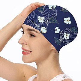 Jonhasoo Silicone Swim Cap for Women, Large Long Hair Swimming Caps with Flower Printed (Navy Flower)