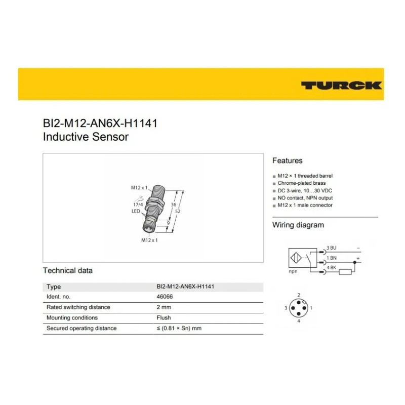 Bi2-m12-an6x-h1141 Sensor Inductivo Turck Npn Na M12