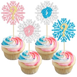 24 piezas de copos de nieve revelan el género para magdalenas con purpurina para niño o niña, decoraciones para copos de nieve, invierno congelado, baby shower, suministros para fiesta de cumpleaños, color rosa y azul
