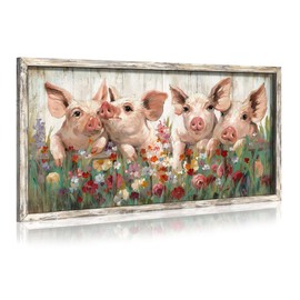 Pig Wooden Framed Wall Art: Rustic Farmhouse Artwork Funny Cute Pink Piggy Farm Animal Picture Print Countryside Flower for Bedroom Bathroom Kitchen Nursery House Living Room