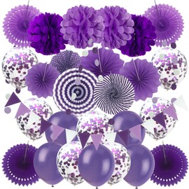 ZERODECO Party Decoration, Purple Confetti Balloons, Paper Pompoms, Hanging Fans, Triangular Bunting and Hanging Garland, Party Accessory Sets for Wedding, Baby Shower, Children's Room, Birthday Party