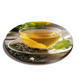 1 x Round Coaster - Green Tea Cup Healthy Organic Cork Backed MDF Glossy Tea Coffee Accessory #21658