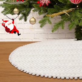 Christmas Tree Skirt, 36 inches Luxury Faux Fur Christmas Tree Skirt, Beige Christmas Xmas Tree Skirt with Hand-Sewn Pompoms, Soft Thick Plush Tree Skirt for Christmas Tree Decorations