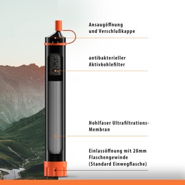 PLUVIA® Blacktube Outdoor Water Filter with Carabiner and Extension Straw - Protects You from Gastrointestinal Disease - Water Filter Drinking Water Filter System Outdoor Survival Camping