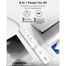 15FT Long Cord Power Strip - Extension Cord Surge Protector, 5 Widely AC Outlets 3 USB Ports, Wall Mount, Flat Plug with Overload Surge Protection for Home, Office, Dorm Room Essentials (2 Pack)