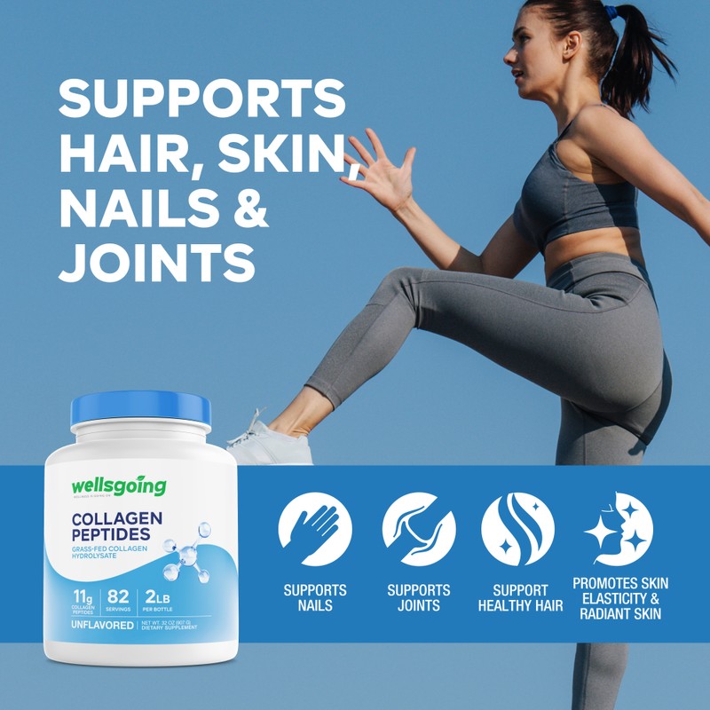 Wellsgoing Collagen Peptides Powder, Grass-Fed Collagen Hydrolysate for Hair, Skin,