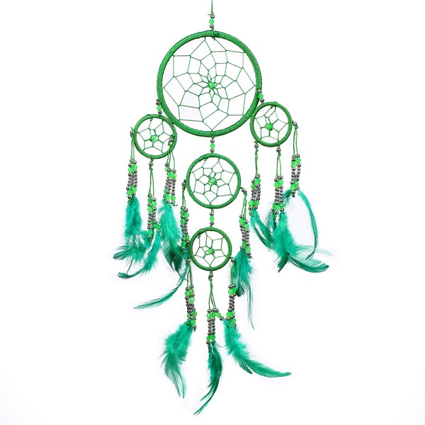 Pink Pineapple Small Green Dream Catcher with Silver Beads and Feathers Handmade - Dream Catcher and Artisan - 12 cm Diameter, 35 cm Length