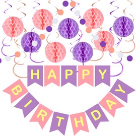 Purple Pink Birthday Party Decorations 19Pcs Purple Happy Birthday Banner Honeycomb Balls Hanging Swirls Circle Dot Garland for Women Girls Bday Baby Shower Engagement Anniversary Party Supplies