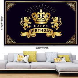 71 x 43 Inches Crown Happy Birthday Backdrop, Black & Gold Birthday Party Decorations, Golden Lion King Party Supplies Birthday Banner, Photo Backdrop Photography Background for Men