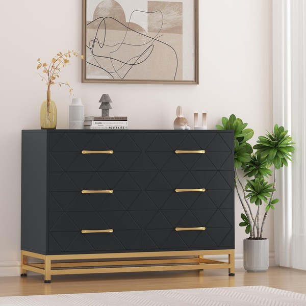 GarveeHome Black Dresser for Bedroom with 6 Drawers, Wood Chest