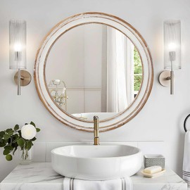 Udorich Enhance Any Room with Round Wall Mirror, Distressed Wooden Frame, Bathroom, Bedroom, or Living Room, 23.62 Inches