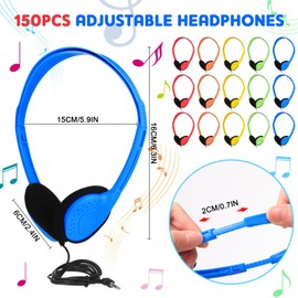 Tellegloww 150 Pcs Classroom Headphones Bulk Class Set Adjustable Wired School Headphones Bulk Child on Ear Earphones with 3.5mm Jack for Students Teens Children and Adult(Bright Color)