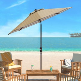 Safavieh PAT8007B Collection Athens Beige and White Inside Out Striped 9Ft Crank Outdoor Auto Tilt Umbrella