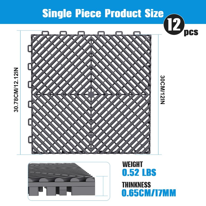 Jocoevol 12-Pcs Interlocking Tile, 12" x 12" Indoor/Outdoor Self-Drainage Interlocking
