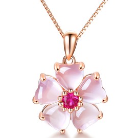 POYAMUSE Cherry Blossom Necklace for Women, Rose Gold Pendant Necklace with Pink Crystal for Women - RoseGold