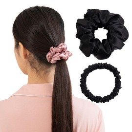 Yimuaya Silk Scrunchies, Set of 2, Hair Elastic, Non-Tracing, 19 Momme Silk, 100% Wide, 1.4 inches (3.5 cm) / 0.4 inch (1 cm), Anti-Static, Gentle on Hair, For Adults, Black, Hair Accessory, Stylish