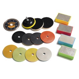 POWERTEC 72307 4 Inch Diamond Polishing Pads and Hand Sanding Blocks Kit for Concrete, Granite and Marble, with 1 Pack 4-1/2 Inch Diamond Super Thin Turbo Mesh Rim Blade for Angle Grinder