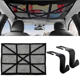 Car Ceiling Cargo Net Pocket Double Layer Mesh Car Organizer Adjustable Cross Strap Strengthen Load Car Ceiling Storage Net with 2 Hooks Large Capacity Car Roof Organizer for Most Cars