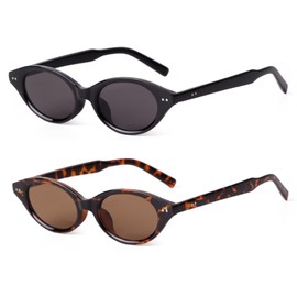 DQbhzh Retro Oval Sunglasses for Women Men Vintage 90s Trendy Y2K Narrow Cat Eye Chic Rivets Deco UV Protection Sun Glasses, Black Gray/Tortoises Brown, Small