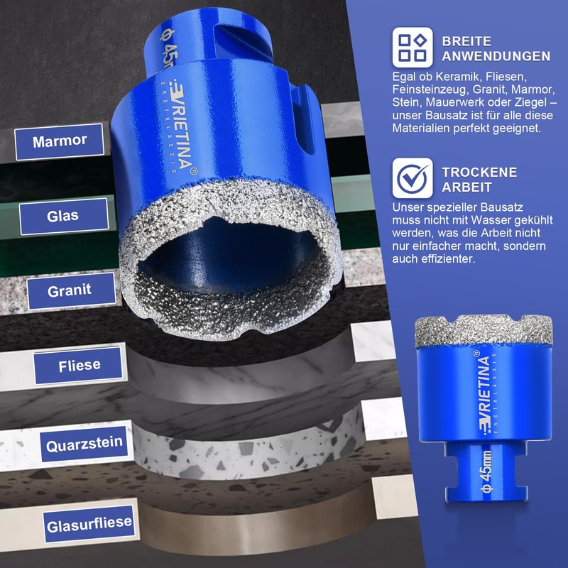 5 x Diamond Tile Drill Bits HV 10000+ Hardness, 6|6|8|10|20