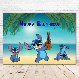Happy Birthday Stitch Backdrop 7x5 Tropical Luau Background Cartoon Monster Stitch Background for Baby Shower Summer Beach Backdrops for Kids Party