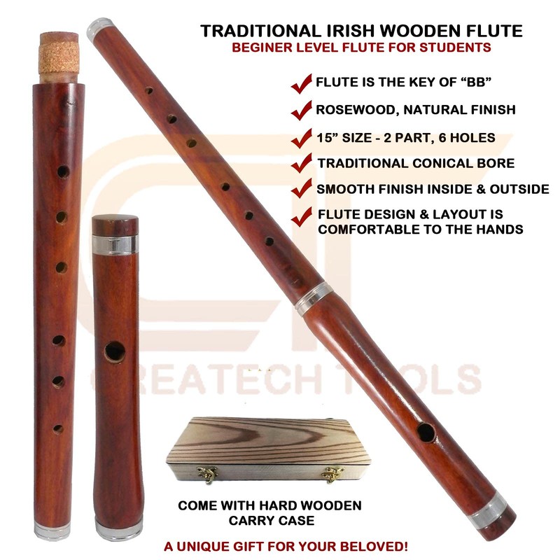 Traditional Irish"BB" Wooden Flute with Hard Wood Case, Rosewood, Two