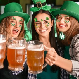 2 Pcs St. Patrick's Day Stickers Face Temporary Tattoo Glitter Green Shamrock Women Makeup Holiday Festival Self Adhesive Party Supplies