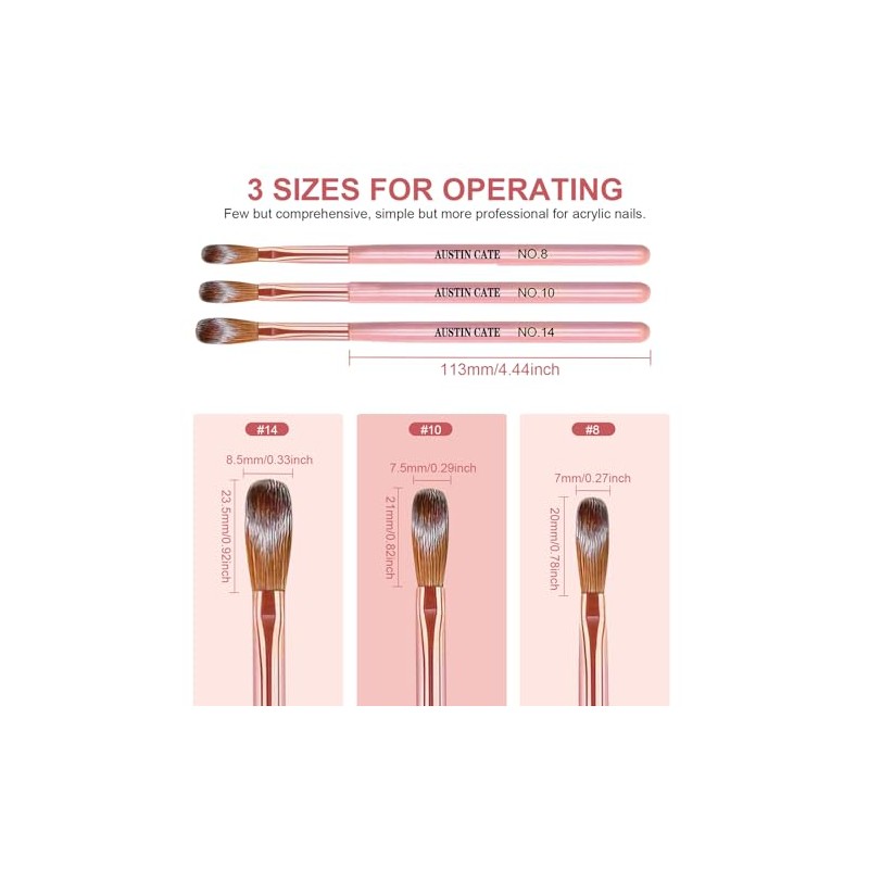 3Pcs Pinceles para Uñas Acrílicas, Brochas Acrílicas Para Uñas, Cepillos