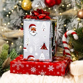 MAYPLUSS Reversible Christmas Wrapping Paper Roll - 17 Inch X 33 Feet - Vintage Santa Claus Silver Christmas Snowy Forest Design w/Metallic Foil Shine Winter Gift Wrap Paper for Holiday, Celebration