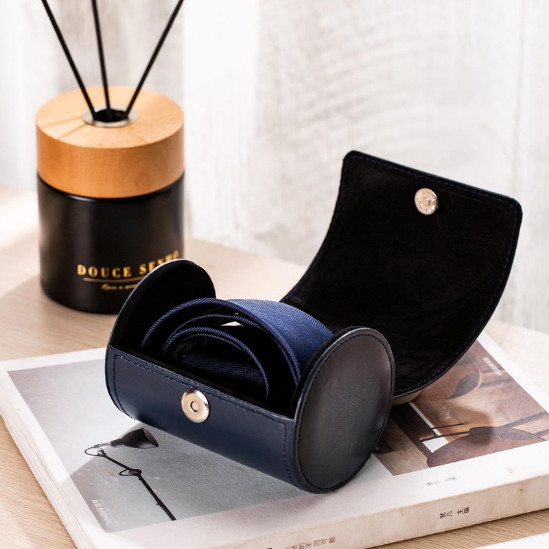 Tie Box for Travel Men's PU Leather Blue Ties Case