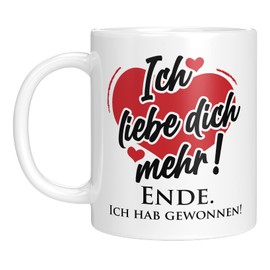 TassenTicker - Tasse mit Spruch - Ich liebe dich mehr - Geschenk für die Freundin, Freund - Valentinstag - Jahrestag - Weihnachten - Ehe (Weiss)