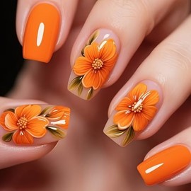 Uñas postizas cortas cuadradas con estampado floral naranja para verano, acrílicas, de cobertura total, adhesivas para mujer, brillantes, reutilizable
