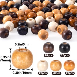 Pndeyo 100pcs Large Hole Wooden Beads for Crafts, Vintage Round Natural Wood Hair Bead, 5 Colors 9X10mm Wooden Loose Spacer Beads for Macrame Necklace Bracelet Hair DIY Craft Handmade Decor