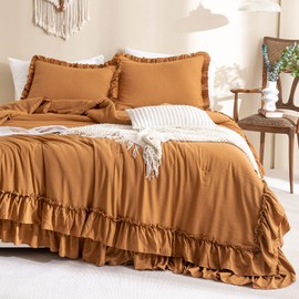Masaca Pumpkin Farmhouse King Size Comforter Set,Shabby Boho Chic Bedding Ruffled King Bed Comforter Vintage Rustic Burnt Orange Bedding Sets 3 Pieces (1 Ruffle Comforter and 2 Pillowcases)